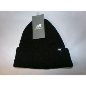 New Balance Knit Beanie Black Ribbed Cuffed Winter Hat Logo Patch Mens OSFM